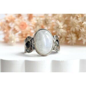 Moonstone Art Deco Sterling Silver Cabochon Israeli Made Vintage Ring - sz 10